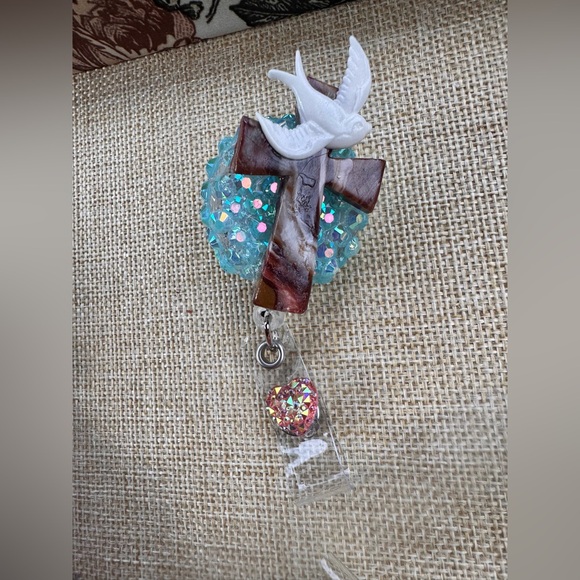 Handmade Accessories - Teal Glitter Cross Badge Reel with White Dove Accent